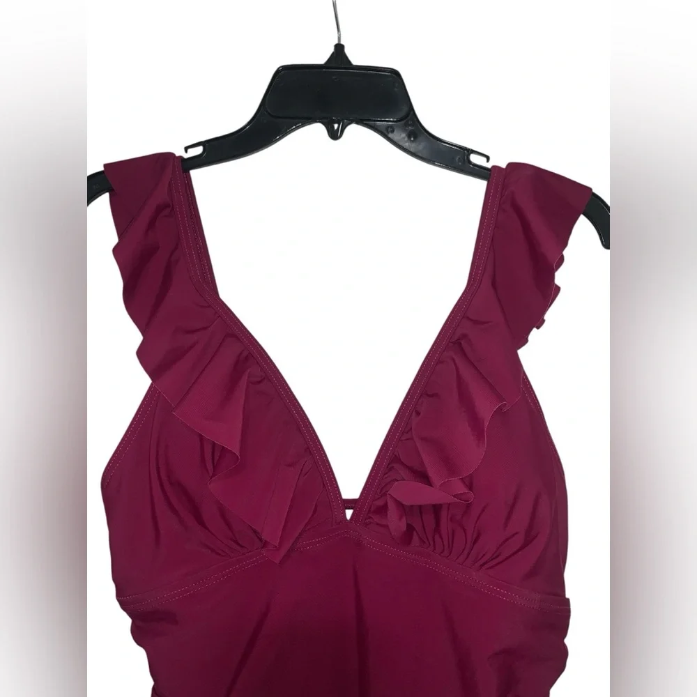 Sociala Ruched Tummy Control One Piece Ruffle Bathing/Swim Suit Fuchsia Red Sz M